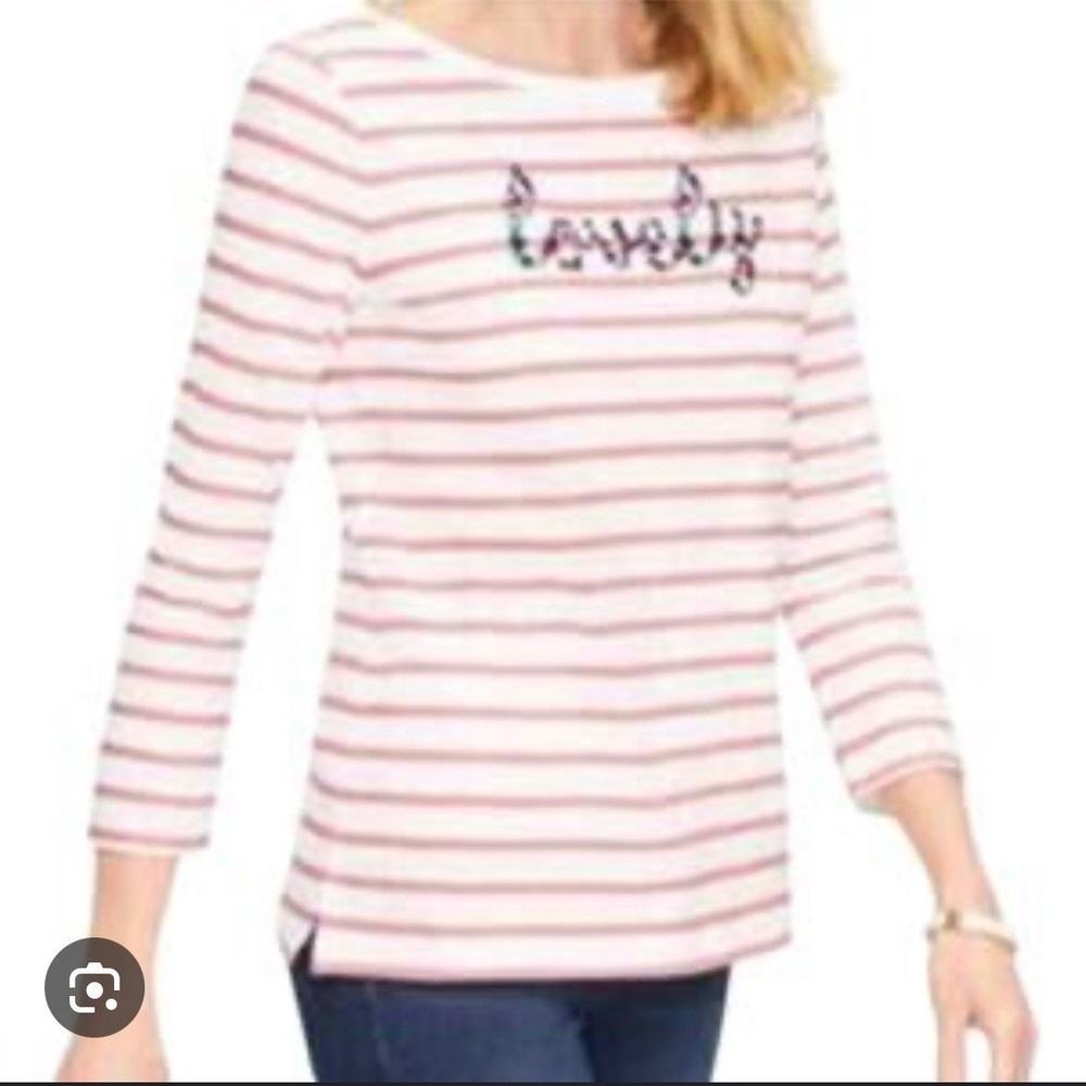 Talbots Petite Pink White Striped Lovely Floral Embroidered 3/4 Sleeve Top SP